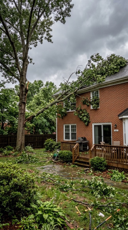 Storm-damaged tree before removal in Raleigh NC
