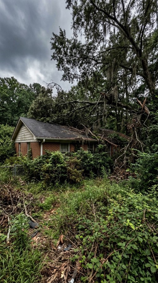 Overgrown trees before trimming